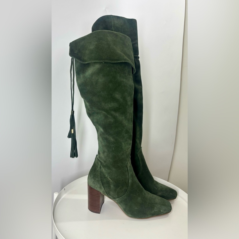 Karl Lagerfeld Razo Over the Knee Tie Suede Block Heeled Boots Green 10 - Picture 2 of 6